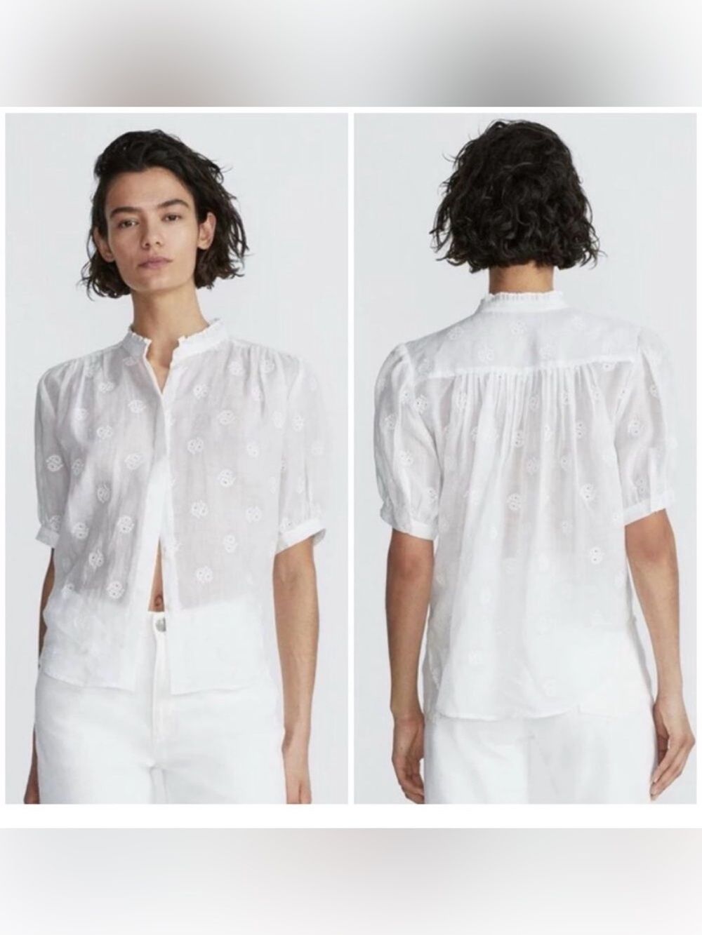 NWT Rag & Bone Jordan Embroidered Short Sleeve Button Up Top XL cotton voile